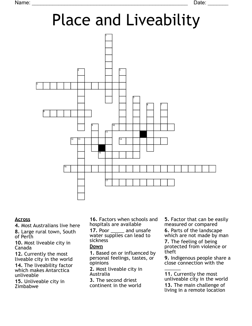 Place and Liveability Crossword