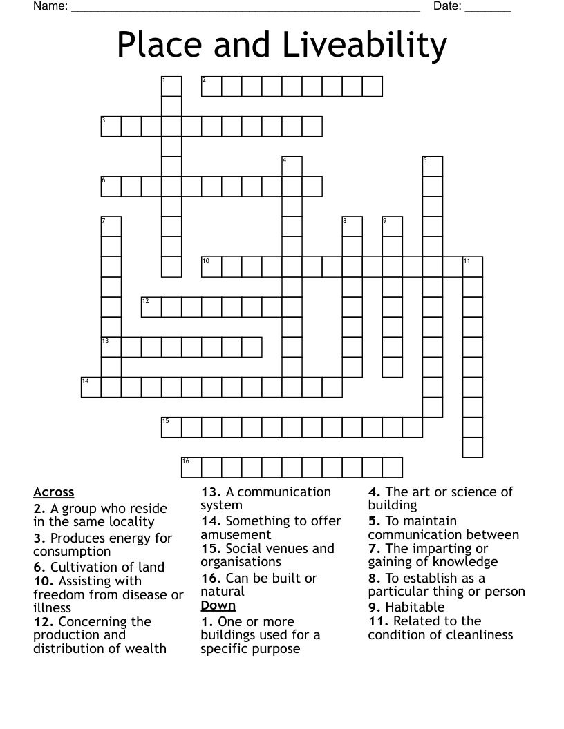 Place and Liveability Crossword