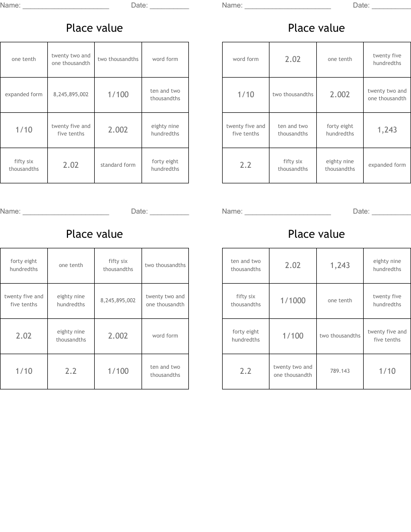 Place value Bingo Cards