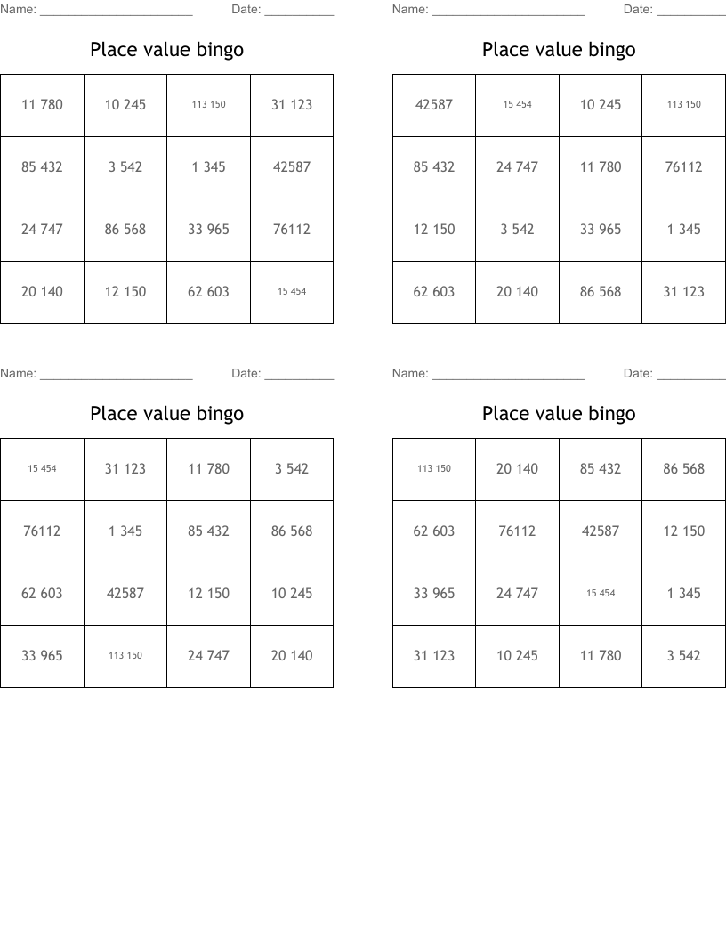 Place value bingo