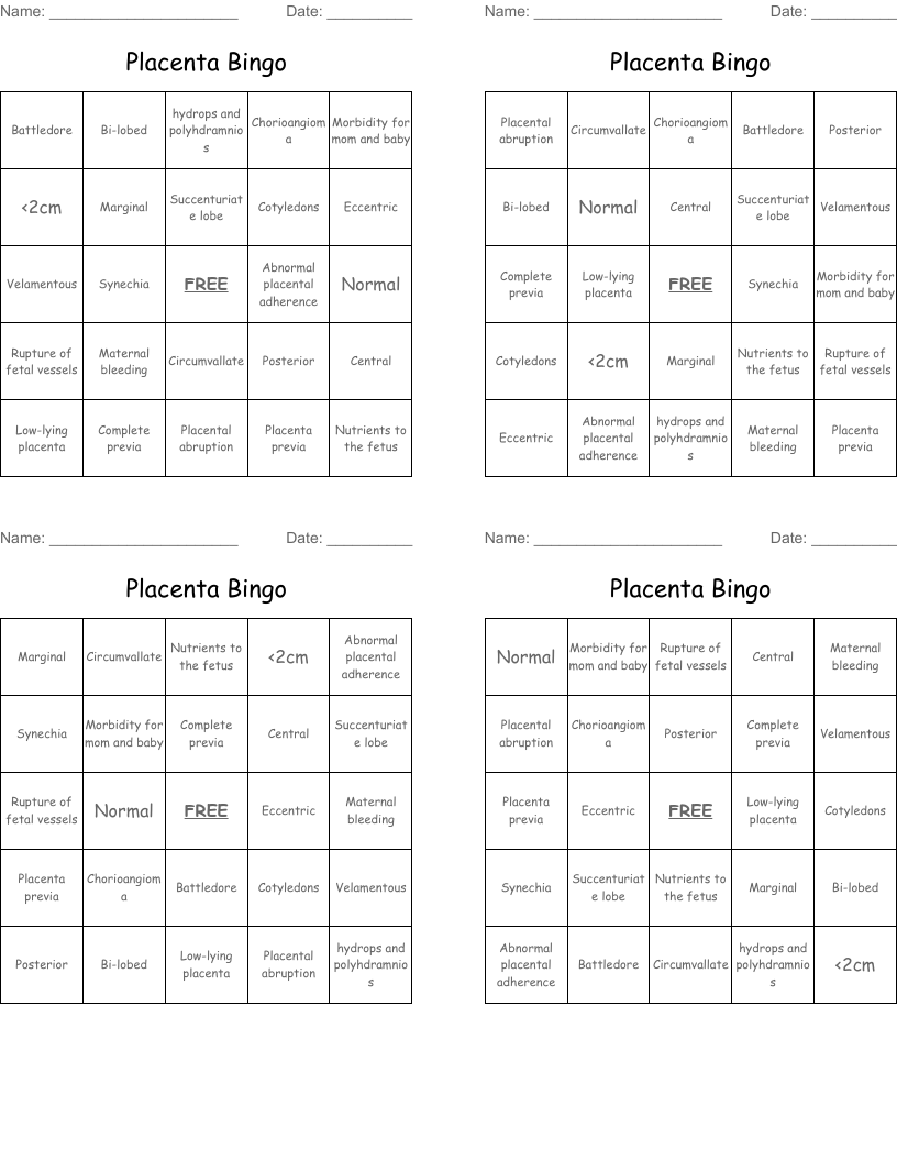 Placenta Bingo