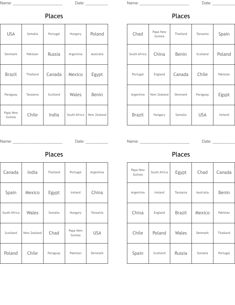Places Bingo Cards