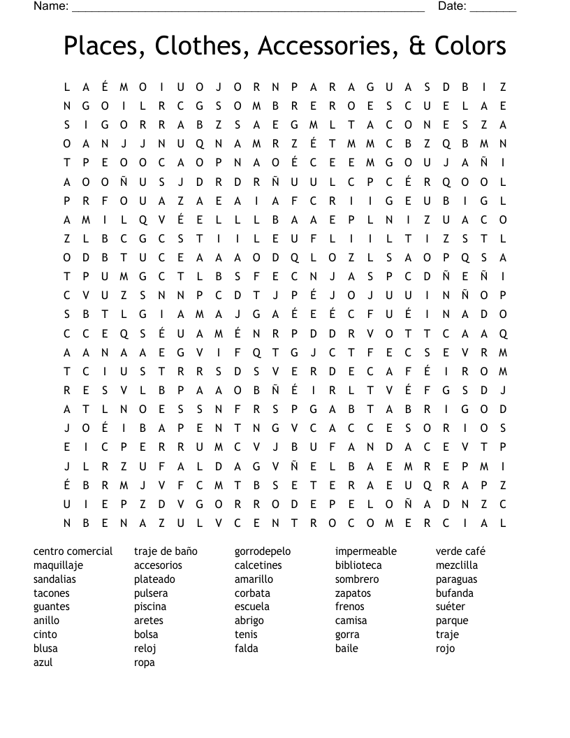 Places, Clothes, Accessories, & Colors  Word Search