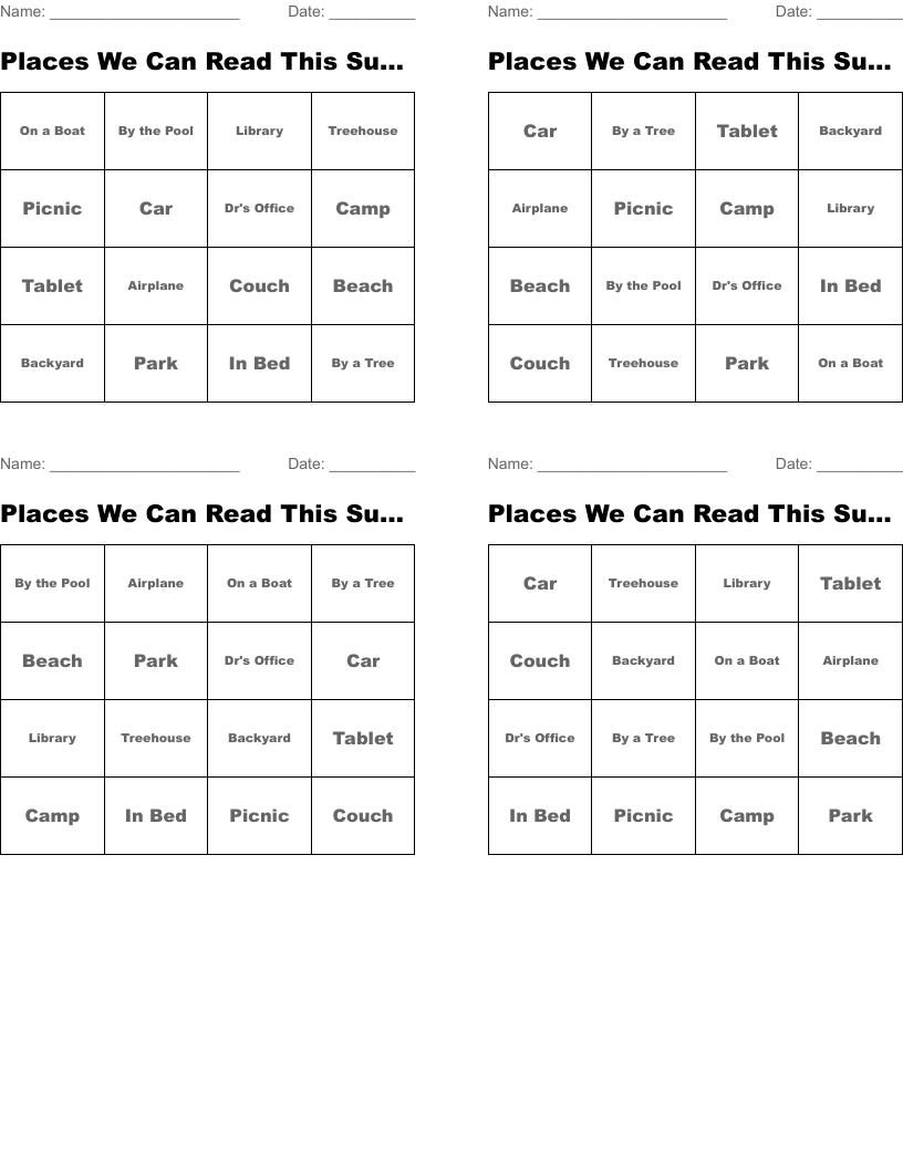 Places We Can Read This Summer Bingo Cards