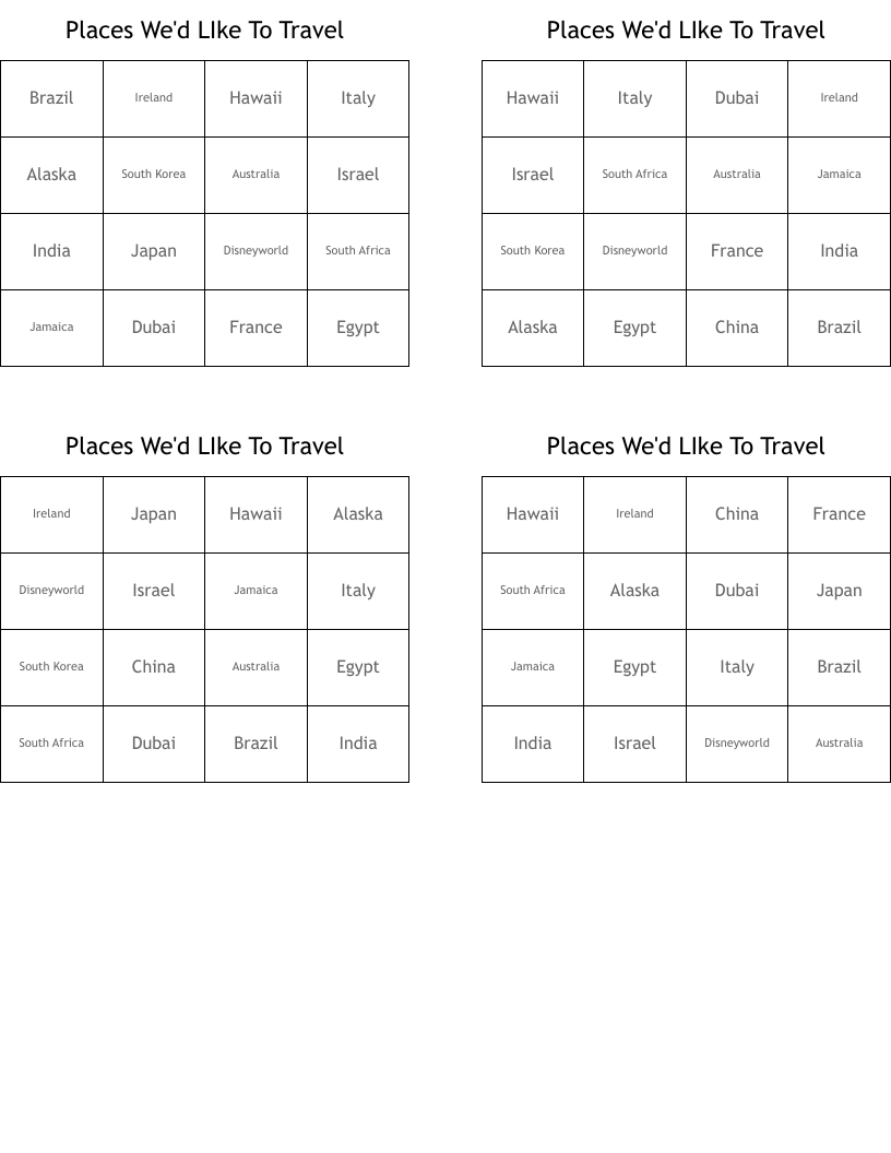 Places We'd LIke To Travel Bingo Cards