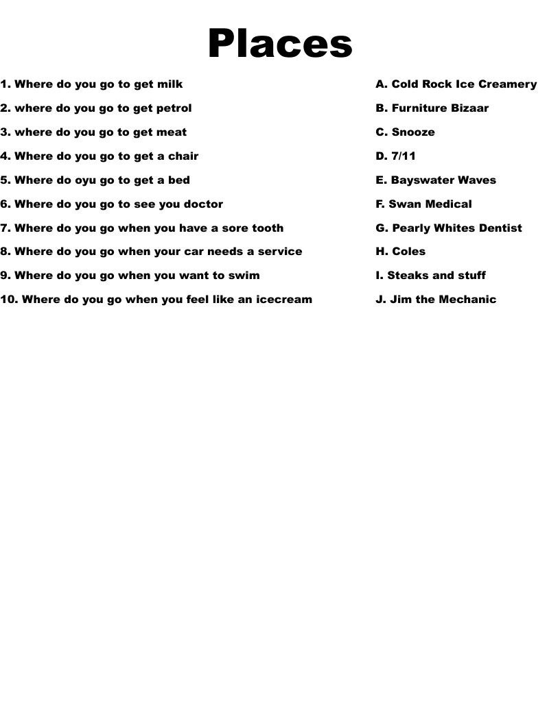 Places  Worksheet