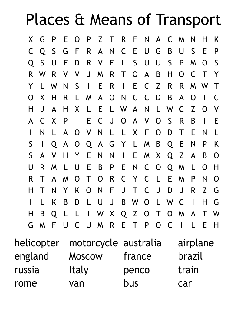Places & Means of Transport Word Search
