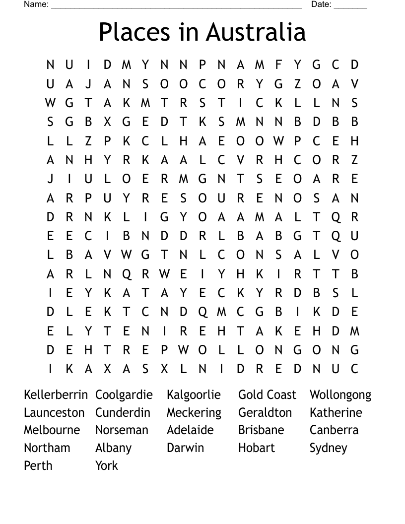 Places in Australia Word Search