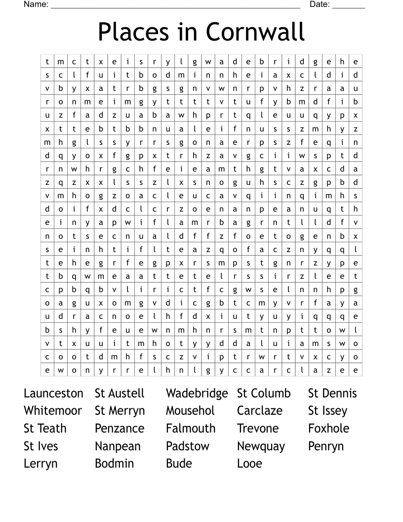 Places in Cornwall Word Search