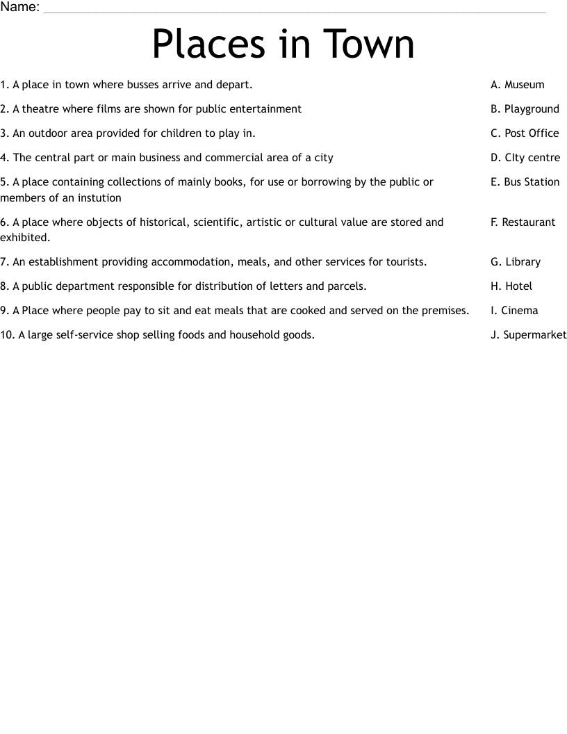 Places in Town Worksheet