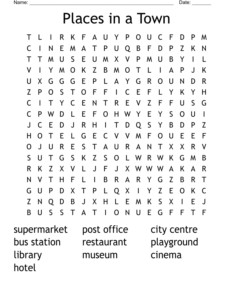 Places in a Town Word Search