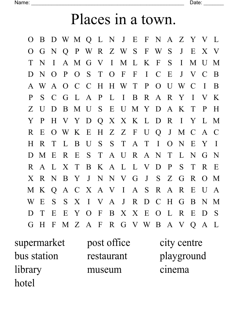 Places in a town. Word Search