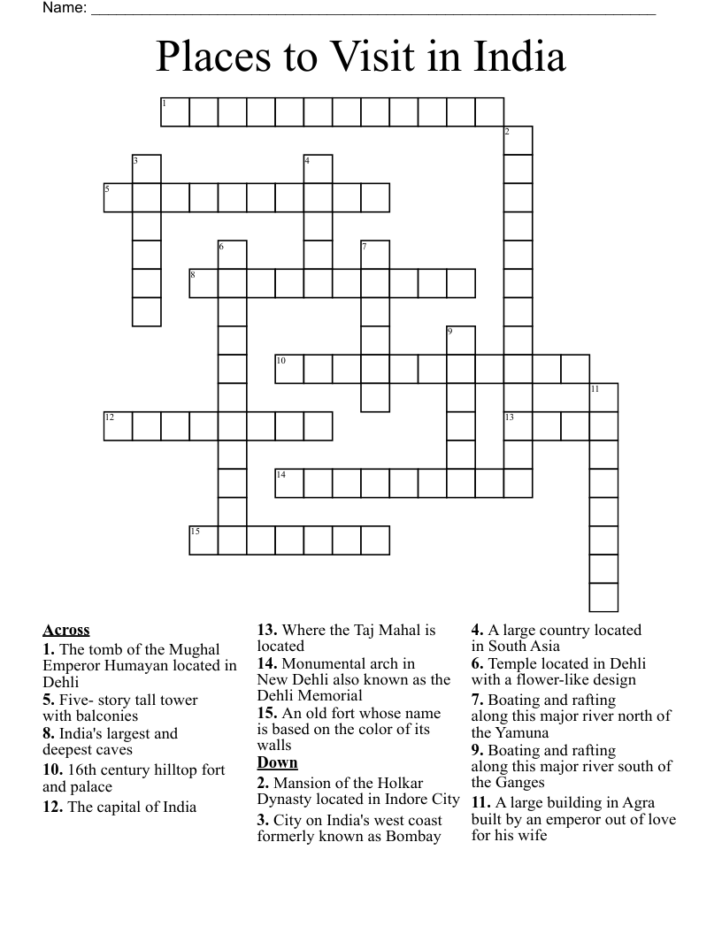 Places to Visit in India Crossword