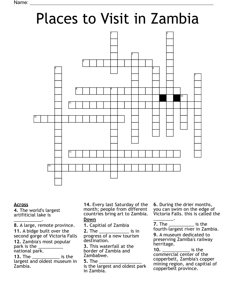 Places to Visit in Zambia Crossword