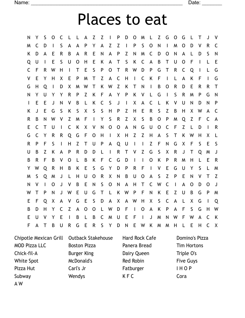 Places to eat Word Search