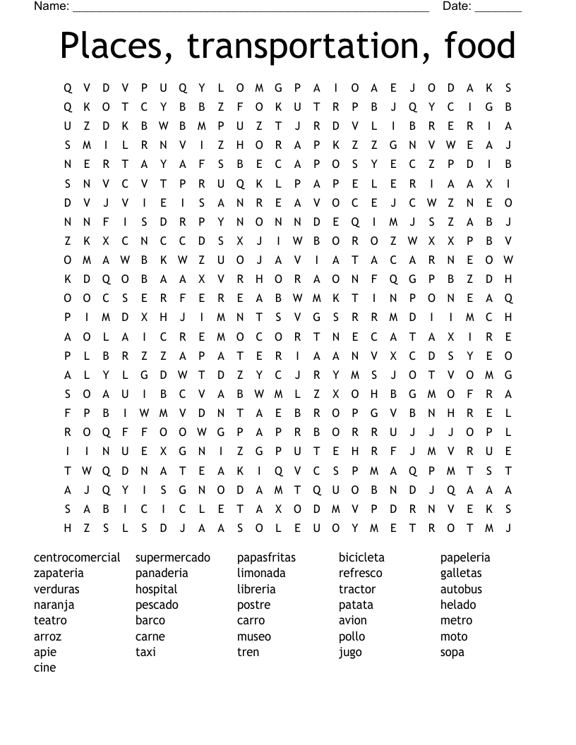 Places, transportation, food Word Search