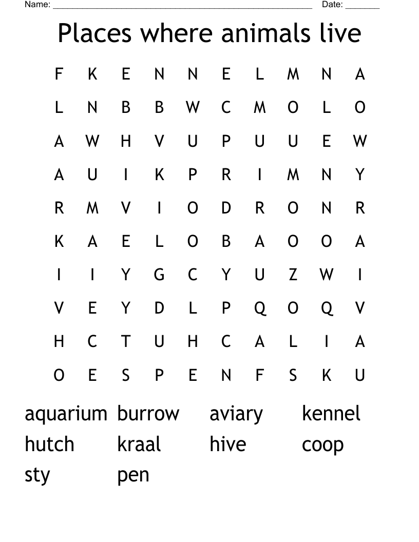 Places where animals live Word Search