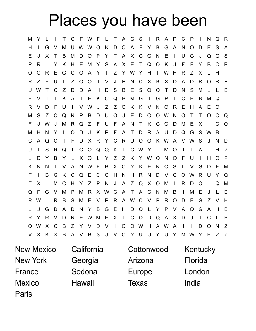 Places you have been Word Search
