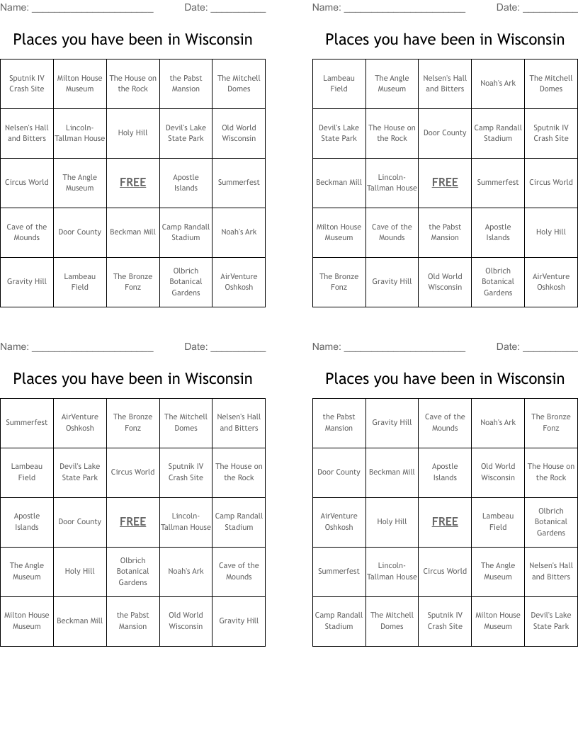 Places you have been in Wisconsin Bingo Cards