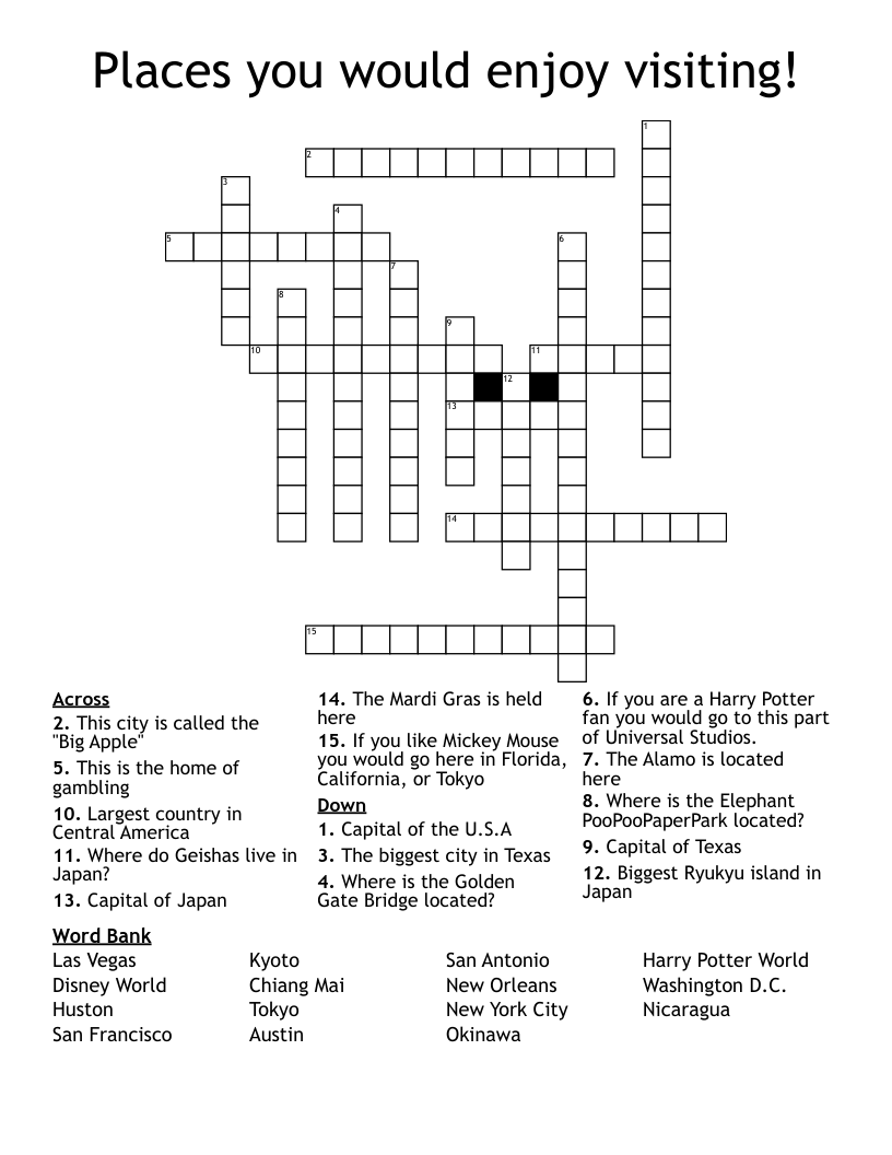 Places you would enjoy visiting! Crossword