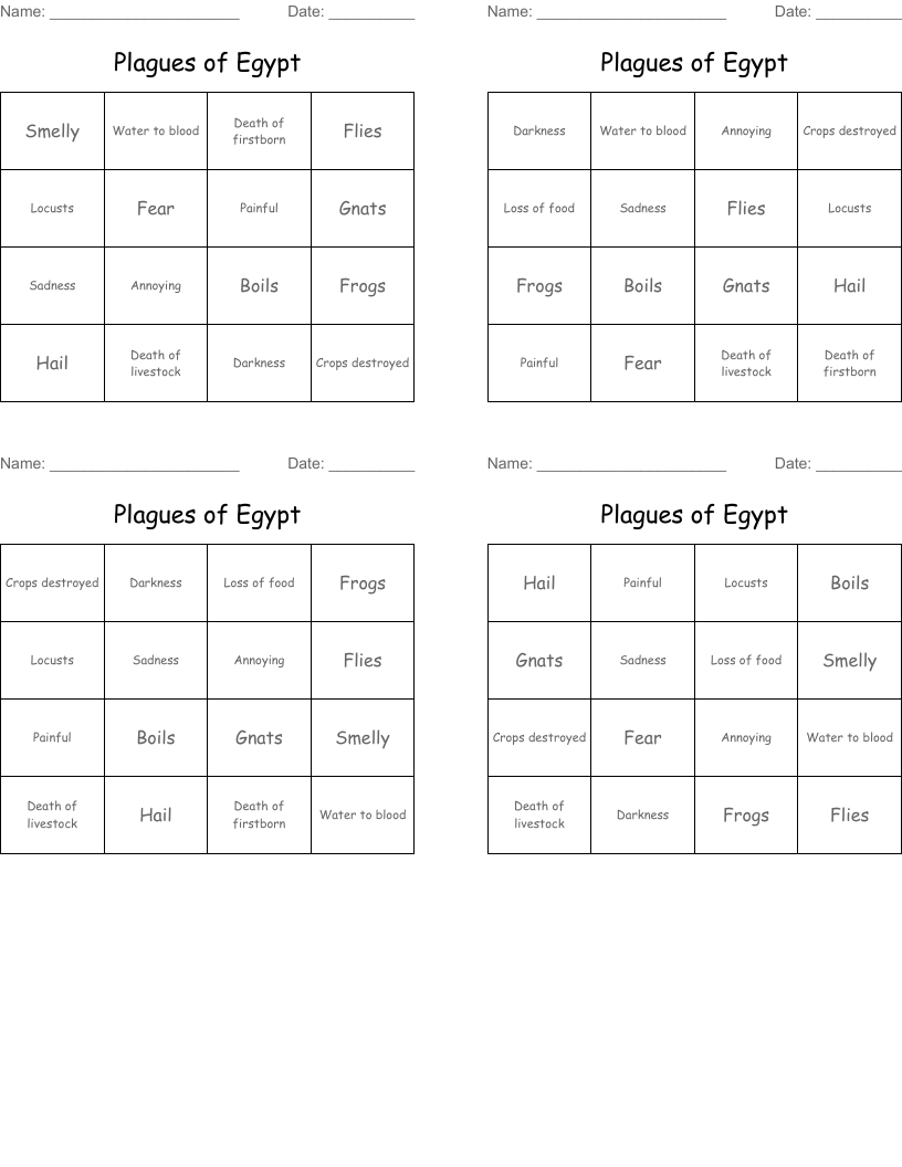 Plagues of Egypt Bingo Cards