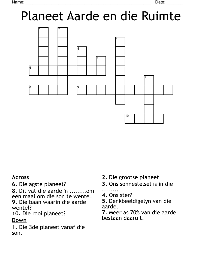 Planeet Aarde en die Ruimte Crossword