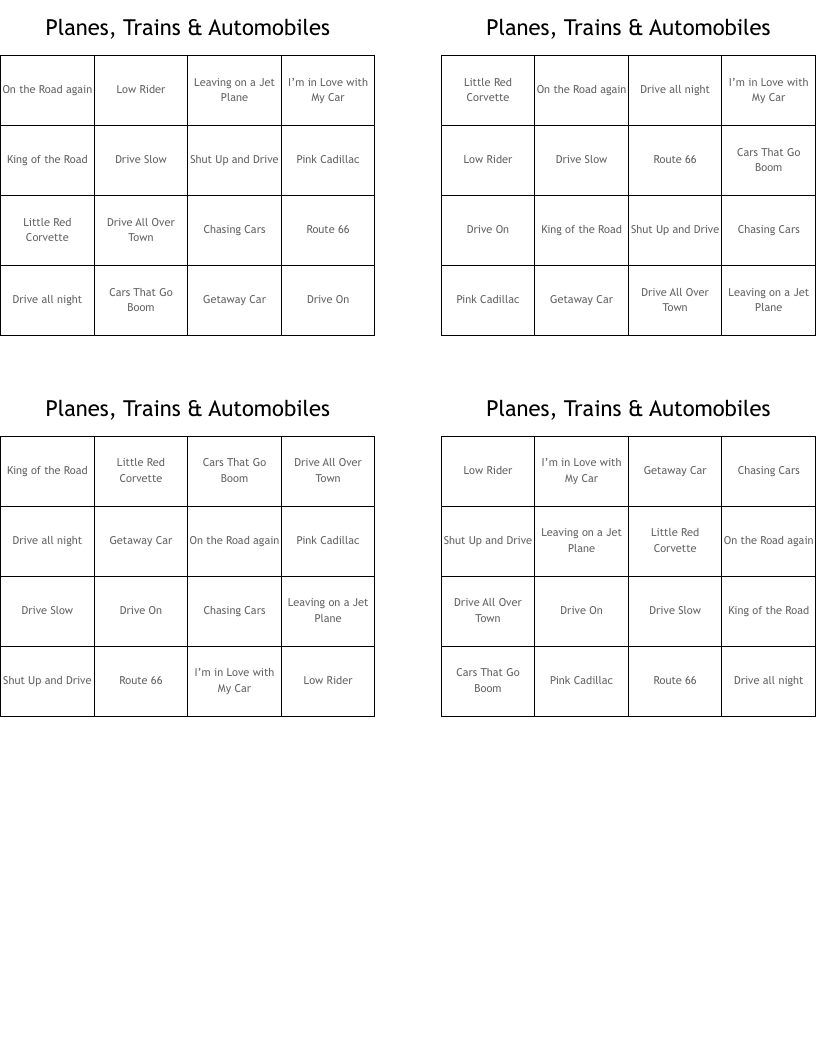 Planes, Trains & Automobiles Bingo Cards
