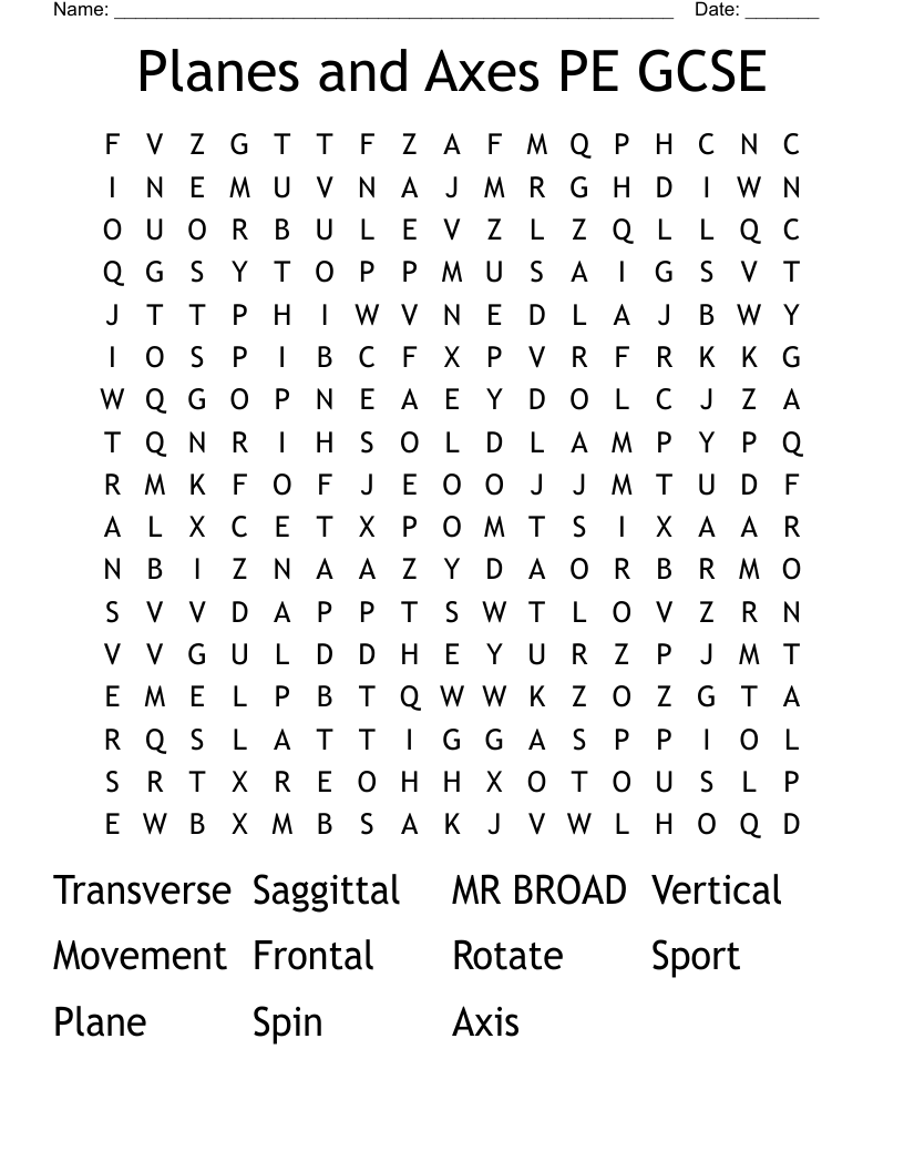 Planes and Axes PE GCSE Word Search