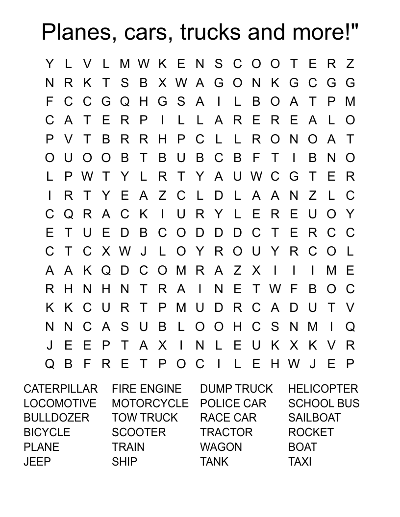 Planes, cars, trucks and more!" Word Search