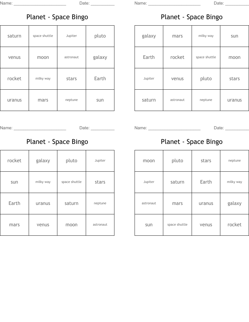 Planet  - Space  Bingo