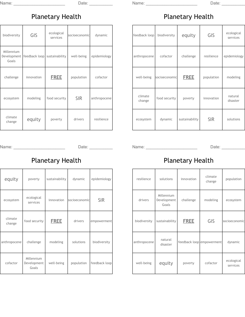 Planetary Health Bingo Cards