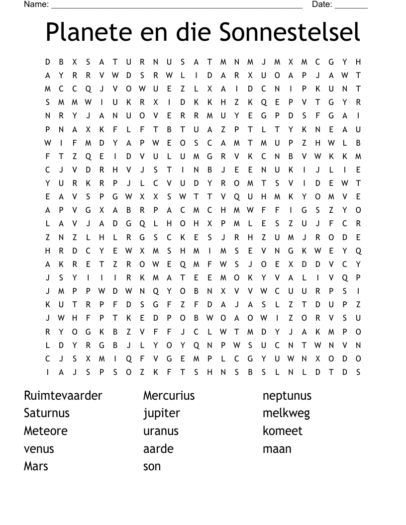Planete en die Sonnestelsel Word Search