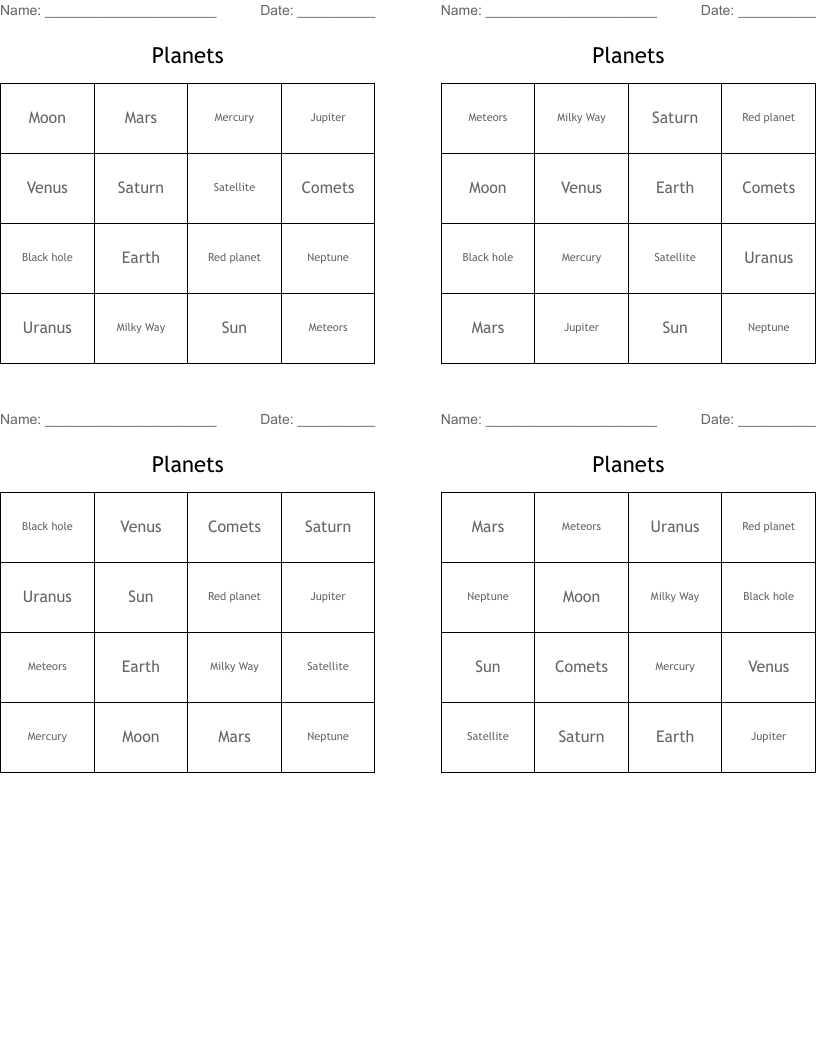 Planets Bingo Cards