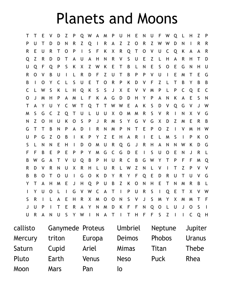 Planets and Moons Word Search
