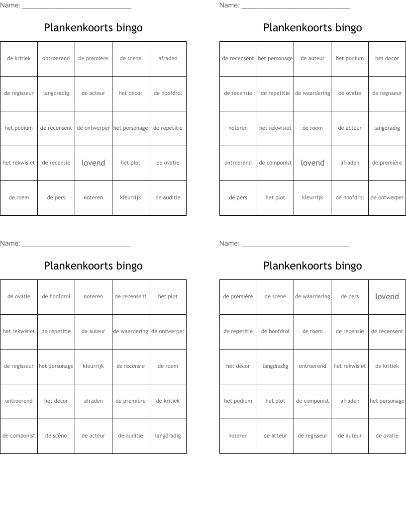 Plankenkoorts bingo