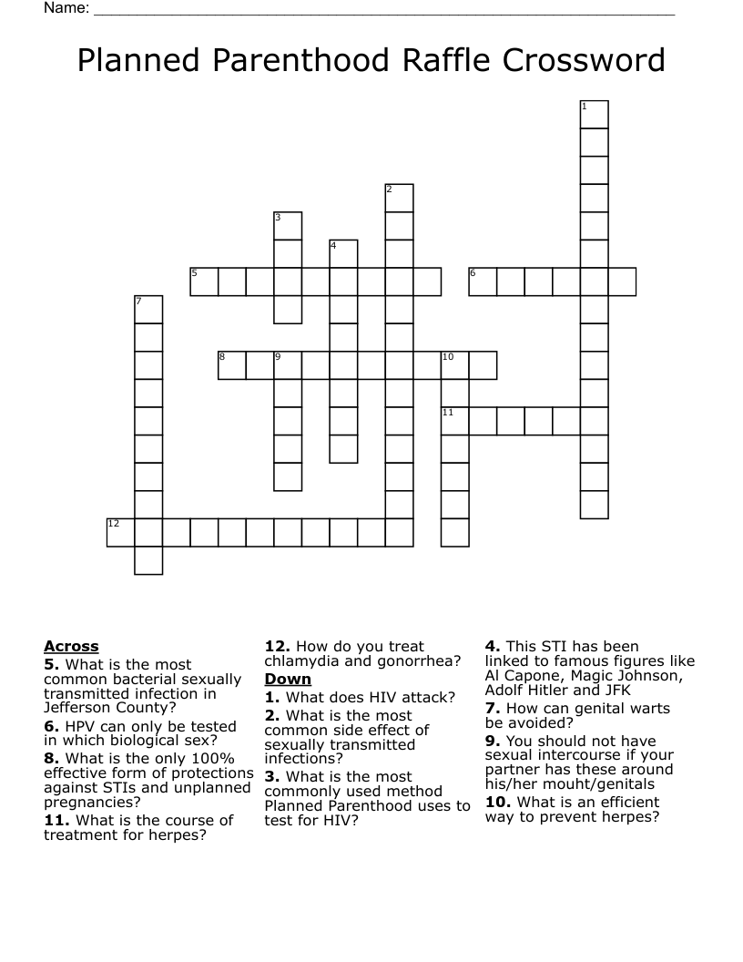 Planned Parenthood Raffle Crossword