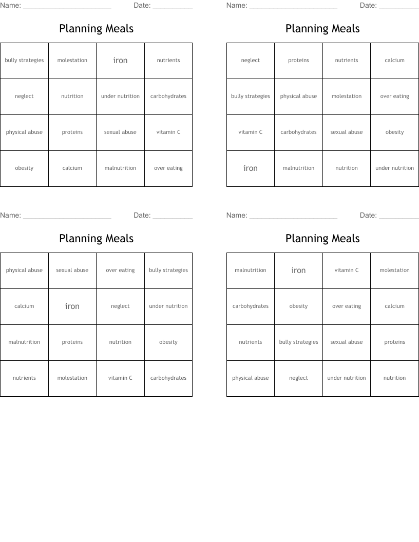 Planning Meals Bingo Cards