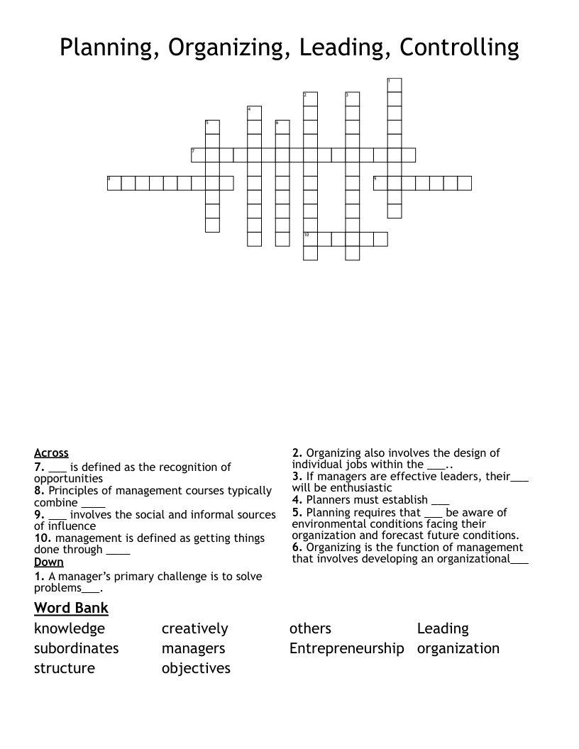 Planning, Organizing, Leading, Controlling Crossword
