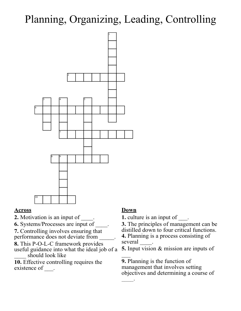 Planning, Organizing, Leading, Controlling Crossword