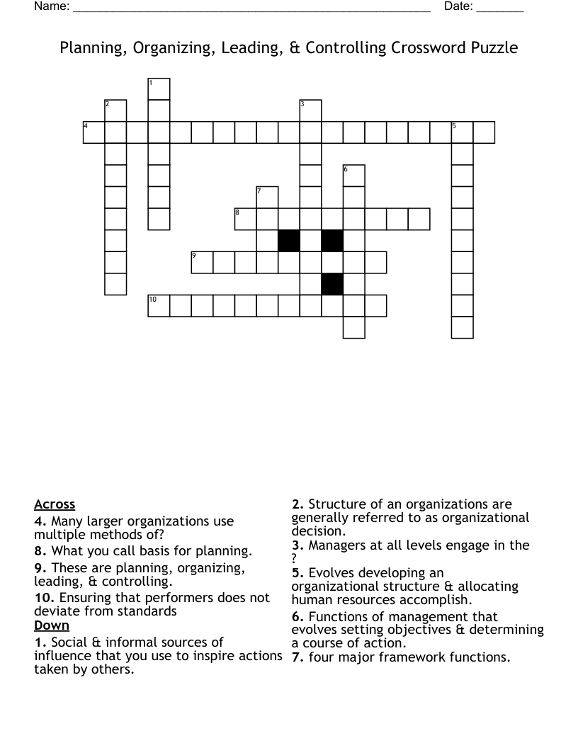 Planning, Organizing, Leading, & Controlling Crossword Puzzle