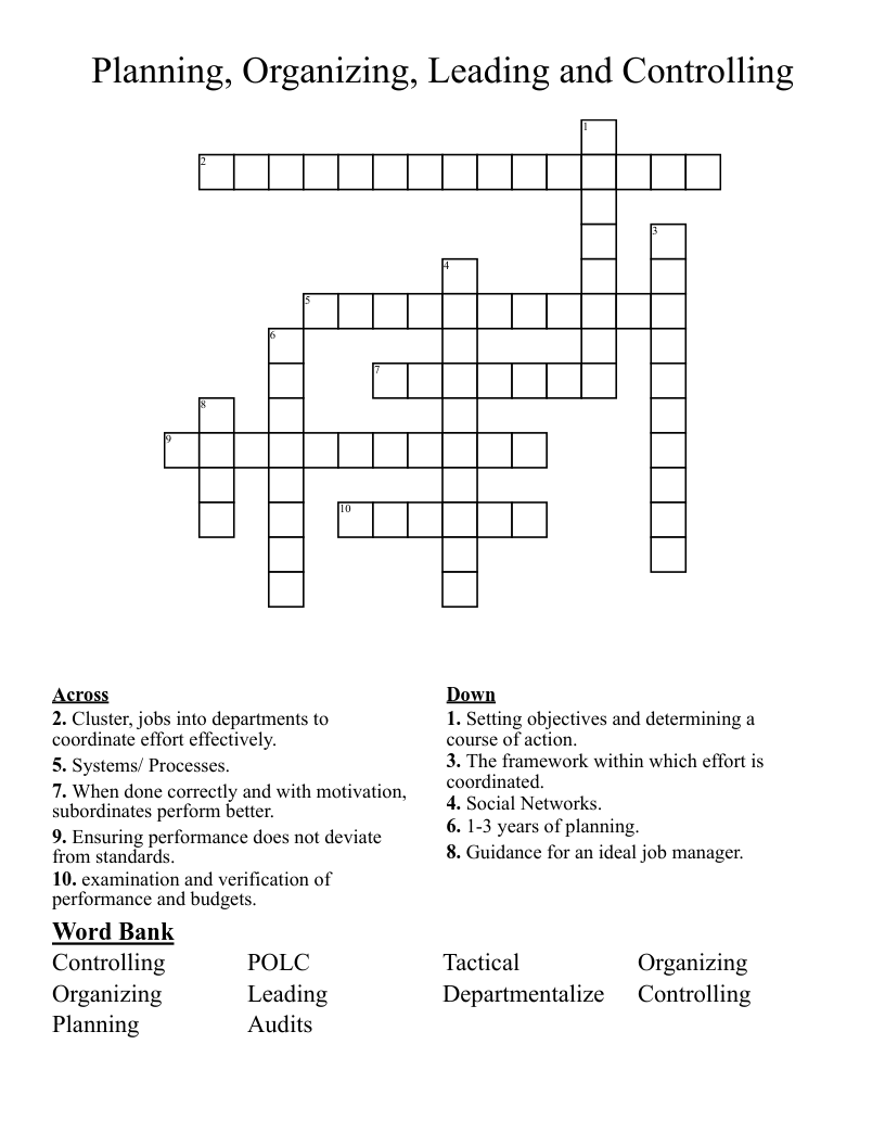 Planning, Organizing, Leading and Controlling Crossword