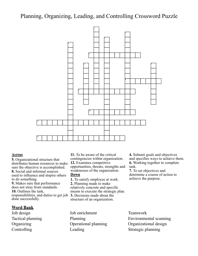 Planning, Organizing, Leading, and Controlling Crossword Puzzle