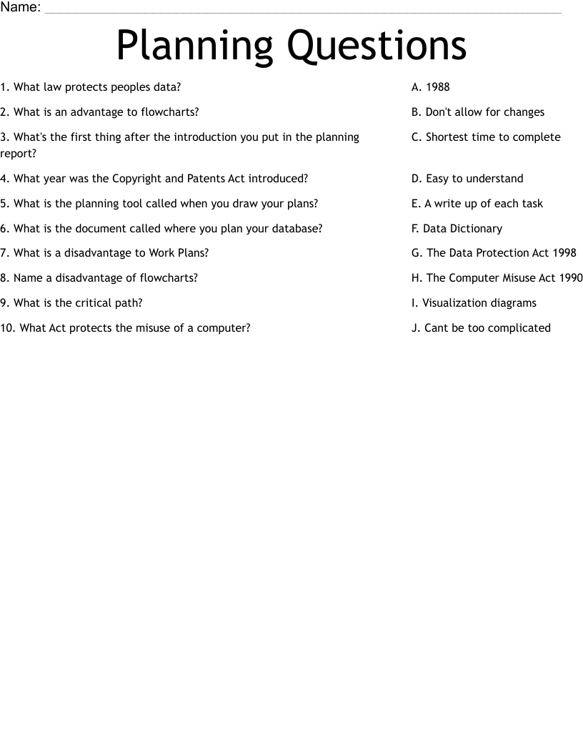 Planning Questions Worksheet