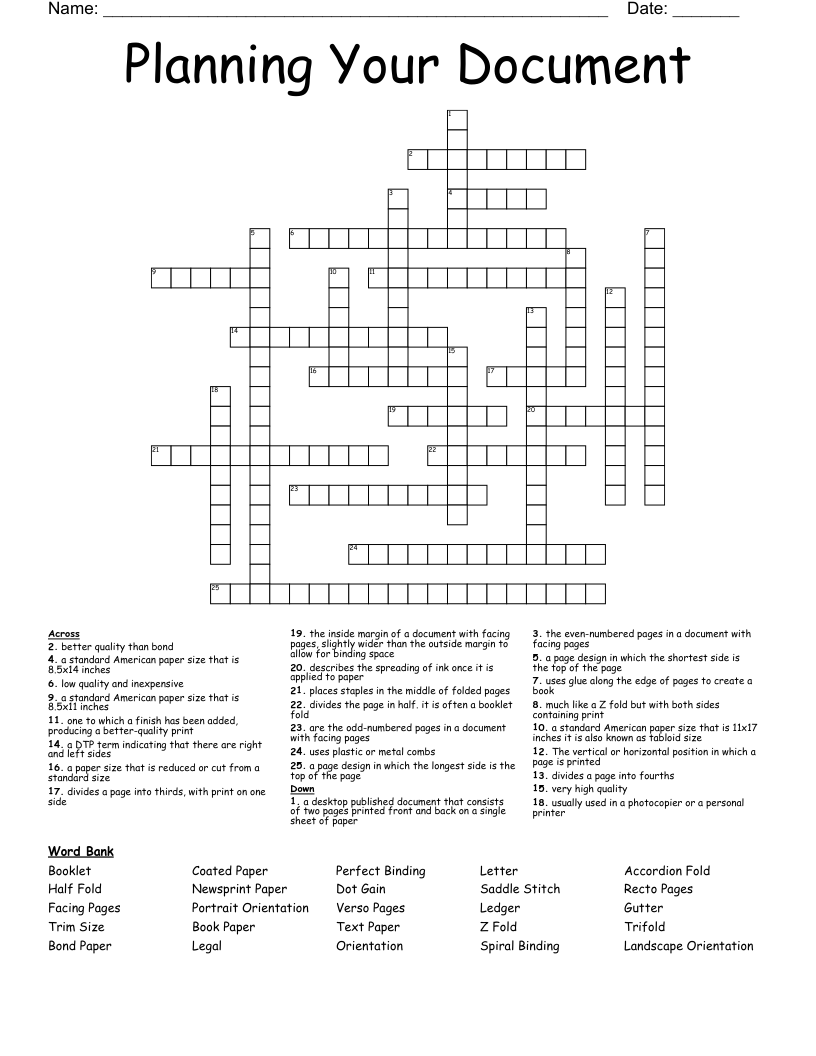 Planning Your Document Crossword