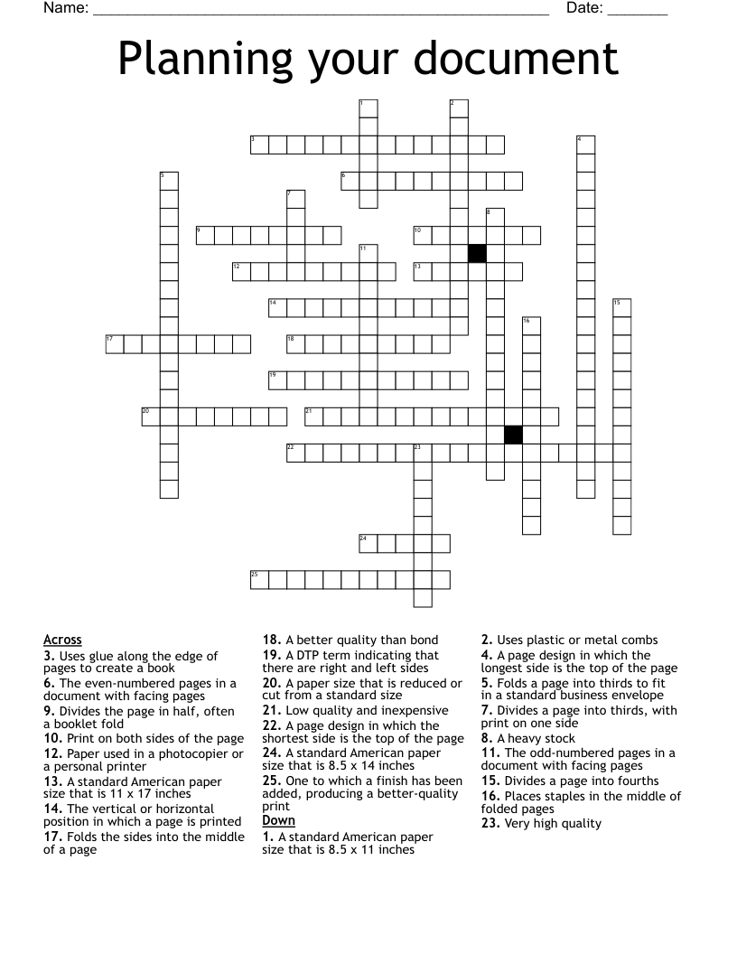 Planning your document  Crossword
