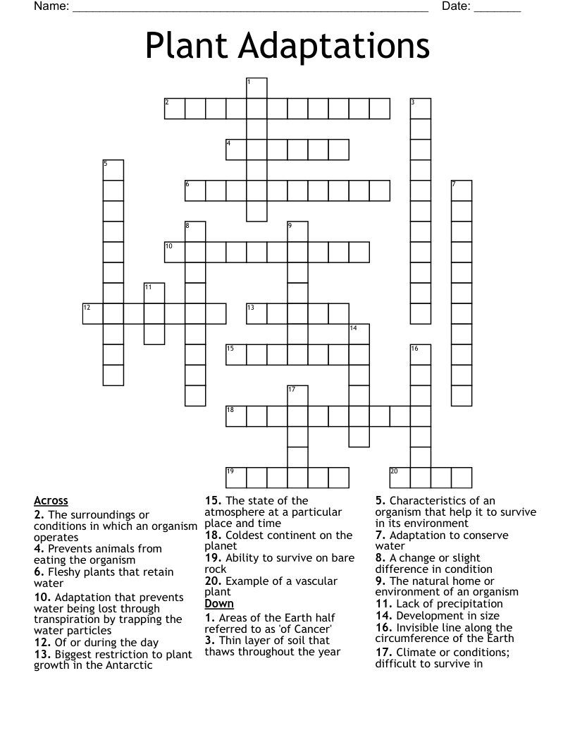 Plant Adaptations Crossword