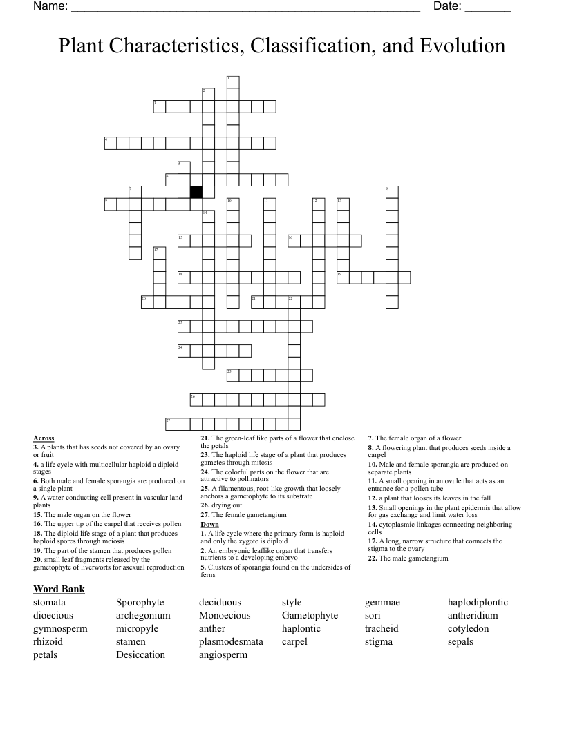 Plant Characteristics, Classification, and Evolution Crossword