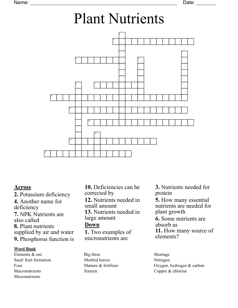 Plant Nutrients  Crossword
