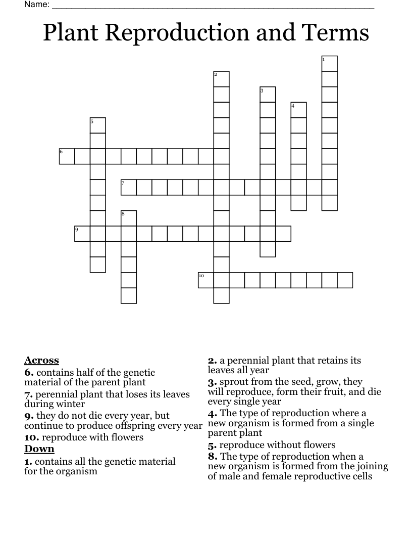 Plant Reproduction and Terms Crossword