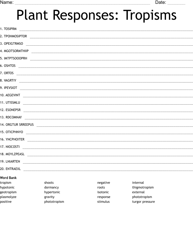 Plant Responses: Tropisms Word Scramble